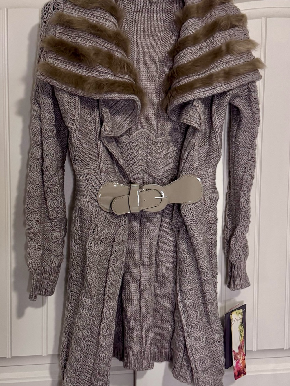 Lapis Women’s Large Cable Knit Cardigan Sweater Faux Fur Collar Belted NWT